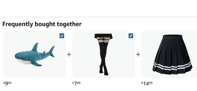 Amazon website displaying Blahaj, thigh-high socks, and skirt as Frequently bought together